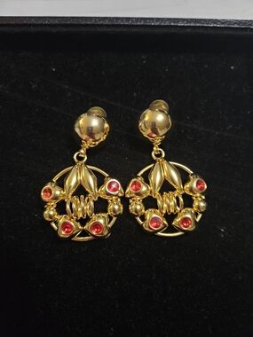 Gold-Tone Heart Drop Earrings with Red Accents